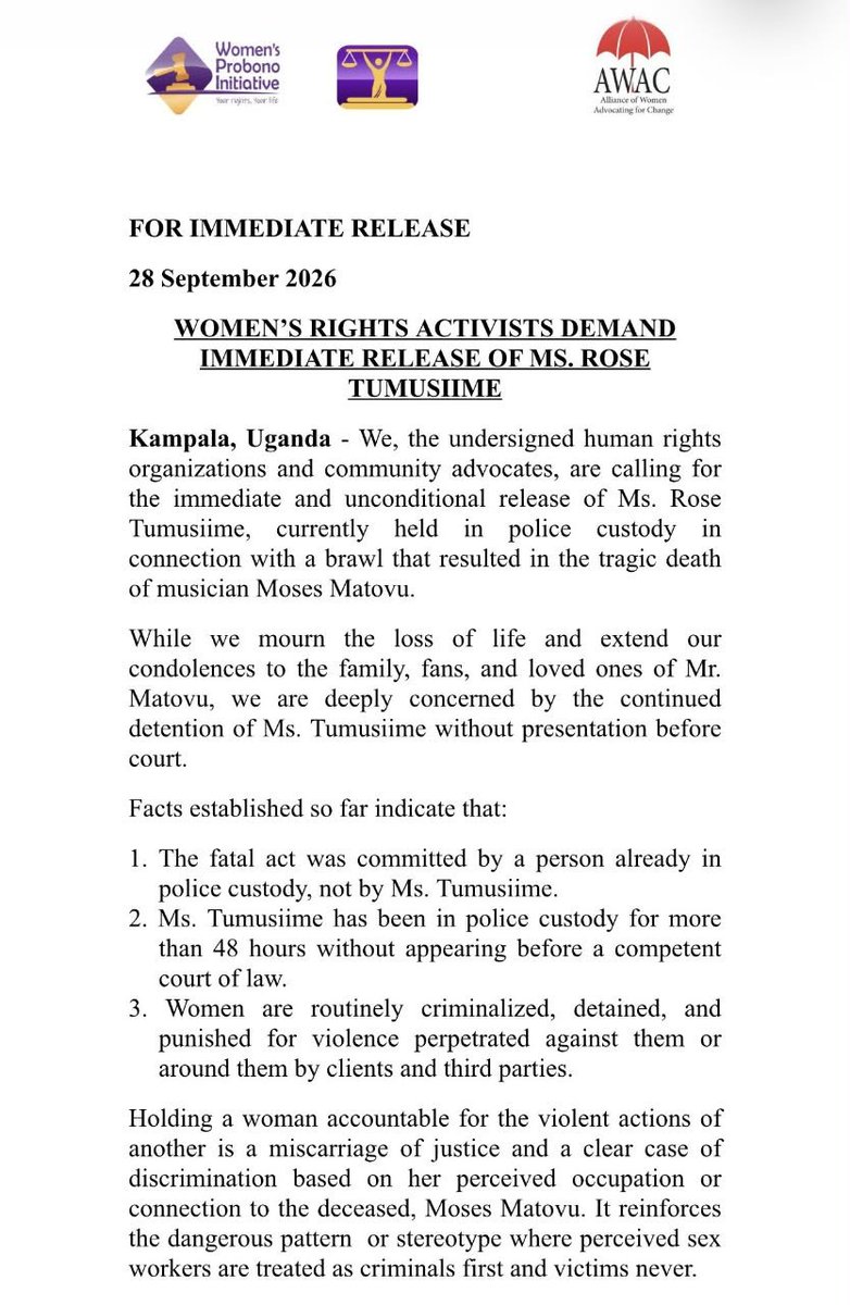 WomenProbono's tweet photo. We join fellow women’s and human rights organisations in calling for the immediate and unconditional release of Ms. Rose Tumusiime.

While we mourn the tragic death of musician Moses Matovu and extend our condolences to his family, continued detention without court appearance raises serious concerns about Ms. Tumusiime’s rights and due process.

We call for evidence-based investigations, accountability for the actual perpetrator, and full protection of Ms. Tumusiime’s rights, dignity, safety, and access to legal counsel and family.

Read our full statement and join us in demanding justice, due process and respect for women’s rights.

#JusticeForRose #WomensRights