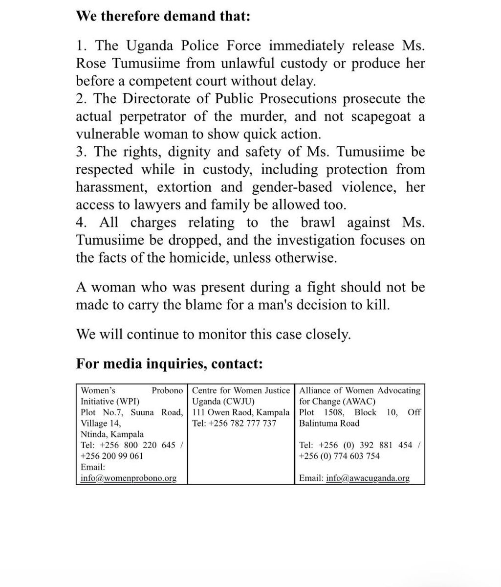 WomenProbono's tweet photo. We join fellow women’s and human rights organisations in calling for the immediate and unconditional release of Ms. Rose Tumusiime.

While we mourn the tragic death of musician Moses Matovu and extend our condolences to his family, continued detention without court appearance raises serious concerns about Ms. Tumusiime’s rights and due process.

We call for evidence-based investigations, accountability for the actual perpetrator, and full protection of Ms. Tumusiime’s rights, dignity, safety, and access to legal counsel and family.

Read our full statement and join us in demanding justice, due process and respect for women’s rights.

#JusticeForRose #WomensRights