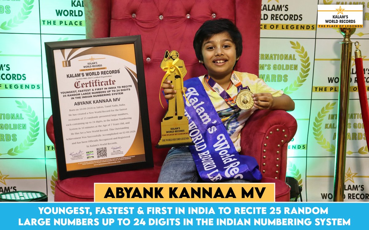 K_B_O_R's tweet photo. Youngest, Fastest & First in India to Recite 25 Random Large Numbers Up to 24 Digits in the Indian Numbering System
👏 Congratulations Abyank Kannaa MV!
#NumberRecitation #IndianNumberingSystem #mathgenius https://t.co/uo7oiOWIAS