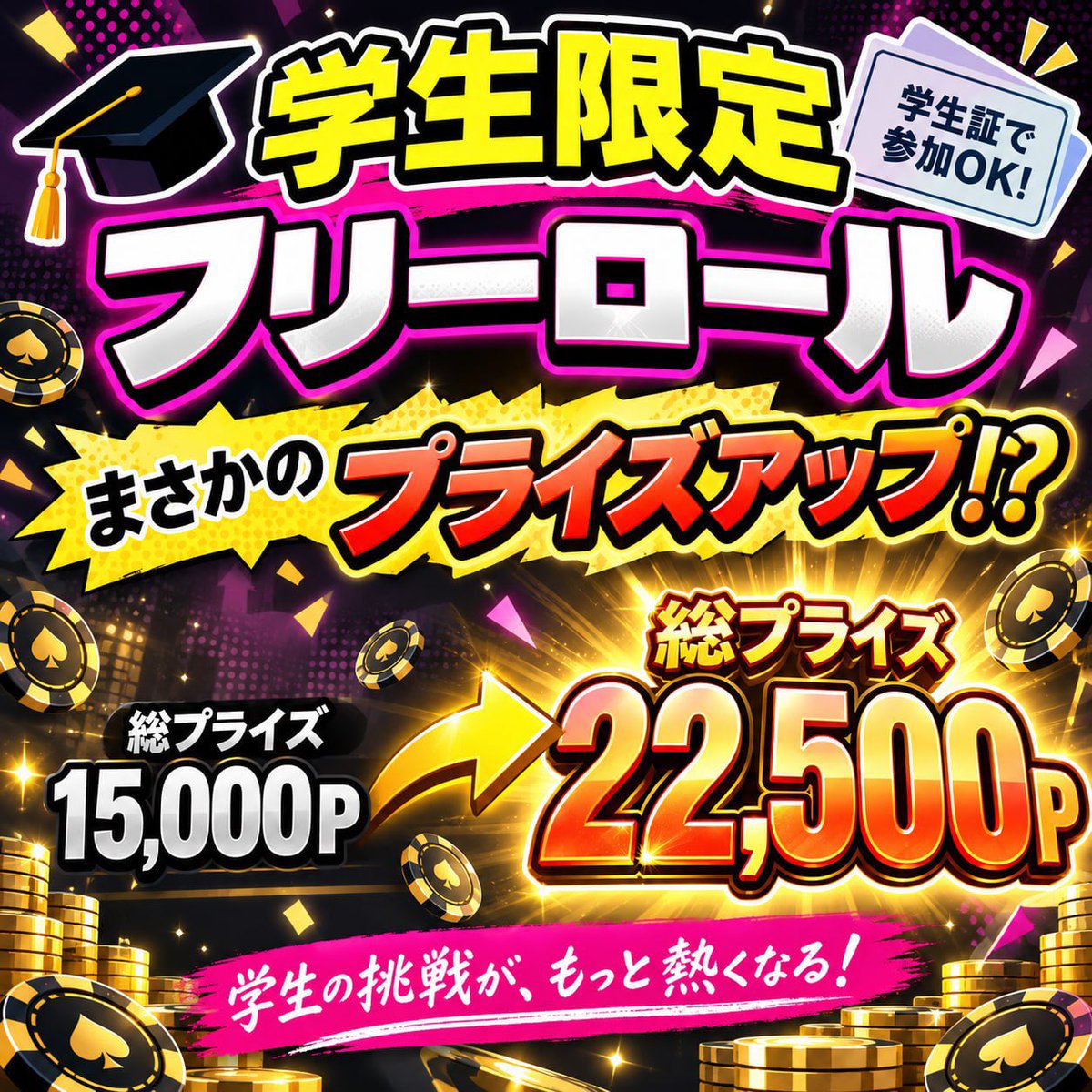 sugarrush2233's tweet photo. 10/2(金)のイベント情報✨

🎓学生限定フリーロール🎓
なんと総プライズ15000P⇒22500Pにプライズアップ！✨
学生なら誰でも参加OK🔥
参加費無料でポーカーを楽しもう！

⏰スタート：17:00〜
⏰レイトレジスト：20:00
⏰リエントレイト：20:40

💰エントリー：無料/50000点
💰リエントリー：1000円/50000点
🥤入場料800円（ソフトドリンク飲み放題付き）

※学生証提示必須、Xのフォロー、RT、いいね、引用RTで#四谷ポーカー、#ポーカー四谷のハッシュタグで投稿必須+他SNS(TikTokもしくはInstagram)で拡散必須

🏆入賞特典
🥇1位：シュガラP8000
🥈2位：シュガラP 5500
🥉3位：シュガラP4000
4位:シュガラP 3000※
5位:シュガラP 2000※
※11E以上で4位以降のプライズ追加となります。

⚠️参加人数4名未満の場合は開催中止

ポーカー未経験・初心者大歓迎✨
学校帰りにそのまま参加OK！

友達を誘って四ツ谷でポーカーを楽しもう🎉

皆様のご来店お待ちしております！