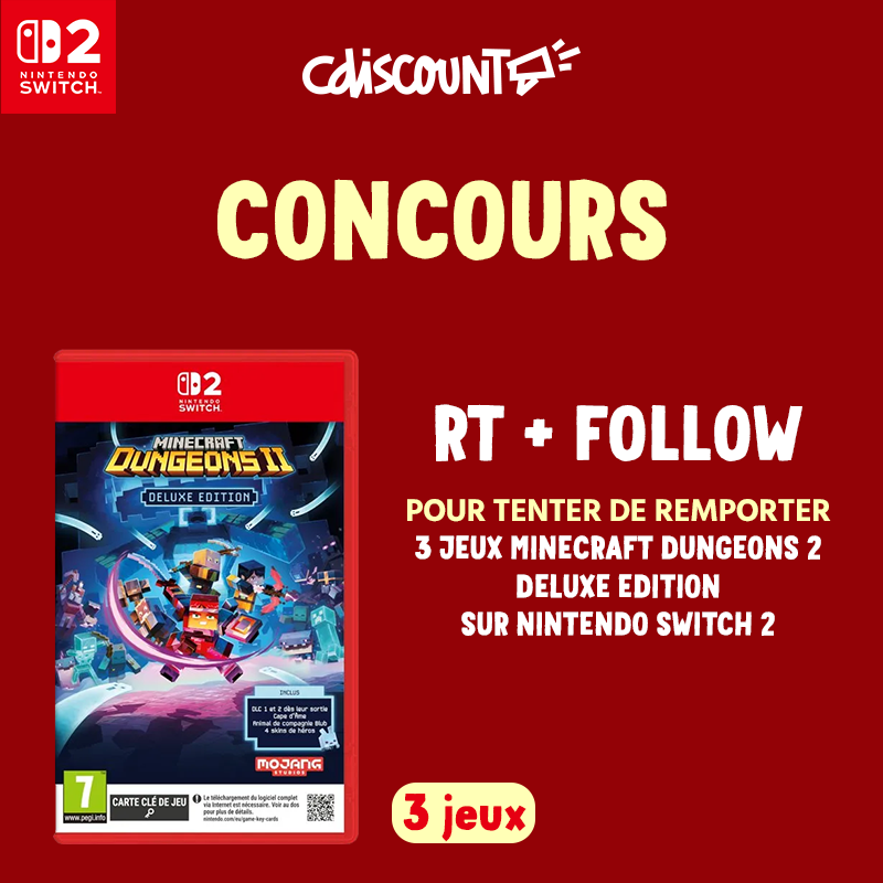 Cdiscount's tweet photo. Concours 🎁

Aventuriers, préparez votre pioche ⛏️

RT + FOLLOW @Cdiscount pour tenter de remporter 3 jeux ''Minecraft Dungeons 2 Deluxe Edition'' sur Nintendo Switch 2 ✨

✔️ TAS le 6/10
✔️ 3 gagnants

👇 https://t.co/LmdYkcsugU