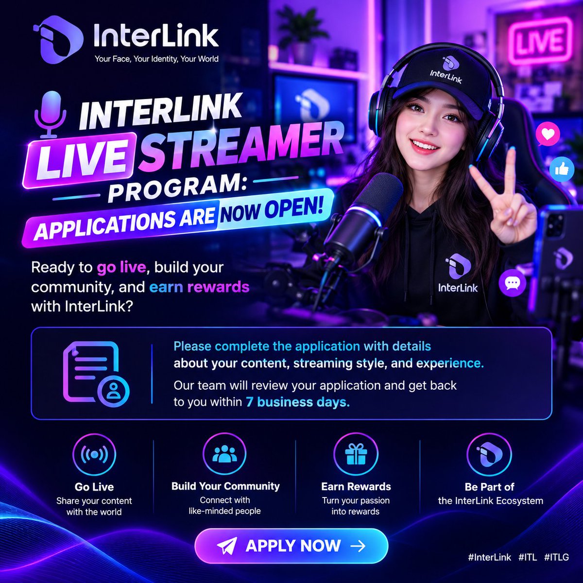VIP990325660's tweet photo. 🎙 INTERLINK LIVE STREAMER PROGRAM: APPLICATIONS ARE NOW OPEN!

Please complete the application with details about your content, streaming style, and experience. Our team will review your application and get back to you within 7 business days.

#InterLink #ITL #ITLG https://t.co/XptbtwsVe6
