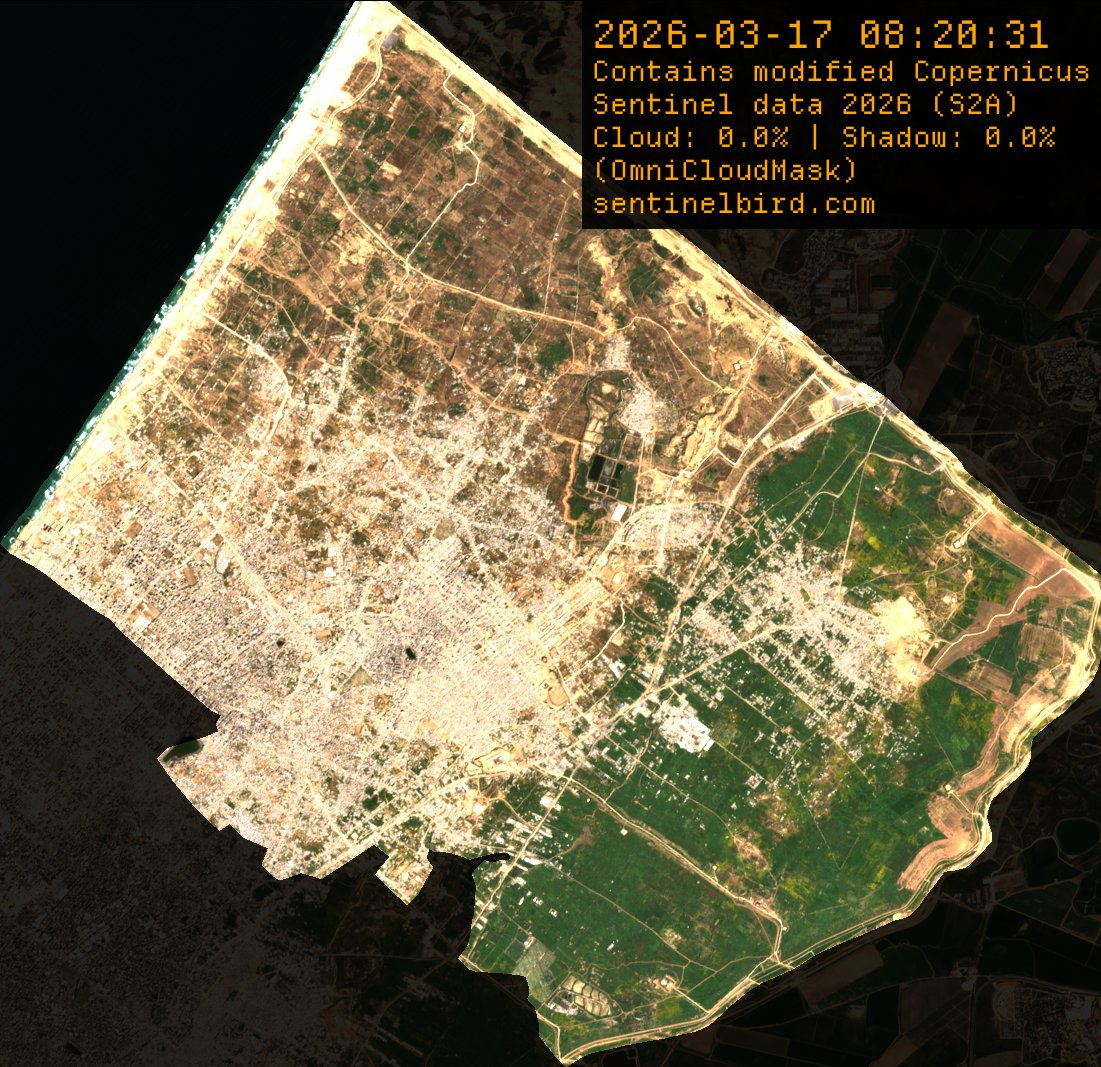 seekersomething's tweet photo. 🧵1/5 Short thread about the Satellite Images of Gaza

There is much focus on the "new" Google Earth images from Gaza that people have just found about, even though the new ones came out already in may 2026. 

However, when taking photos from a satellite of a desert area, with white buildings, in the middle of the summer, makes it so that all contrast goes away in the image and nothing is green. This sells the effect of most of it being rubble, even though it is not true.

Here are images from Sentinel-2 taken on 17 March 2026, showing the four areas of Gaza that is not Rafah. Images from December to March is when Gaza is mostly green. From April to November it looks like a desert (because it is). 
https://t.co/9sDI19pxnQ