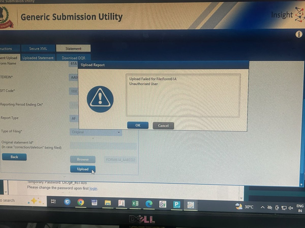 Falsegenius22's tweet photo. Hello all! I have a problem during filing SFT-8 where the user and password are correct which are the same i use for login reporting portal where I get this error popup as unauthorised user. Can you guys help me out to solve this. @IncomeTaxIndia @nsitharaman https://t.co/cY0Eld39A0