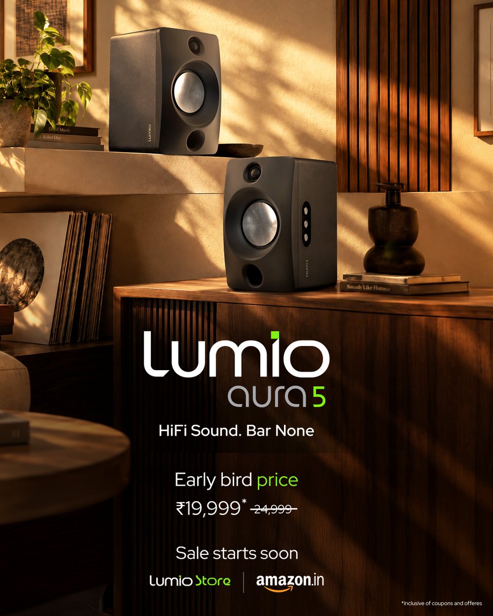 LumioIN's tweet photo. Most "home audio" today is a soundbar. One box, pretending to be stereo.
Lumio Aura 5 is the real thing. Two speakers. Wooden cabinets. Proper Hi-Fi sound. And a setup that takes about two minutes.
It's our first home audio product, and we can't wait for you to hear it.
Here's what you get.
Simple: everything's built in
Aura 5 is a complete, powered stereo pair. The amplifier and DAC are already inside, so there's no receiver to buy and no pile of components to figure out.
Connect the two speakers. Plug in the power. Connect your source. Done.
Fidelity: two speakers, real stereo
Each speaker has its own dual-driver setup: a 4.5-inch aluminium woofer for the lows and mids, a 1-inch silk dome tweeter for the highs, and a front-facing bass port.
Because the left and right speakers sit apart, vocals land in the centre and instruments spread across the room. That sense of space is what a soundbar can't give you, and it's what Hi-Fi is really about.
There's plenty of power behind it. 100W sustained, 200W peak, reaching 105dB SPL at one metre. Loud enough to fill a large living room without straining. Bass reaches down to 35Hz at 80dB, so kick drums hit and movie scenes rumble, without a separate subwoofer.
We also cared about the parts you'll never see. Aura 5 plays lossless audio up to 24-bit/48kHz, and the DAC runs on its own isolated, low-noise power supply.
Tuned with our community
Sound is personal, so we shaped our DGS tuning together with Lumio's community of enthusiasts.
Pick the mode that fits what you're playing:
Studio: balanced, for everyday listening.
Cinema: clearer dialogue and more atmospheric detail.
Groove: extra bass for the high-energy playlists.
Versatile: connects to everything
Seven input modes: HDMI ARC, optical, coaxial, 3.5mm, Bluetooth 5.4, and USB with separate PC and playback modes.
Under your TV for movie night. On your desk while you work. And when a friend wants to play one song, they just pair their phone.
The Minion OLED Bluetooth remote handles volume, inputs and listening modes from your couch. An Android and iOS app is coming soon.
Service that comes to you
Home service across India, backed by 300+ service centres. Plus a one-year comprehensive warranty on the speaker pair and six months on the remote.
Price and availability
Lumio Aura 5 goes on sale soon on Amazon and Lumio Store.
Early bird price: ₹19,999
Regular price: ₹24,999
Your audiophile journey starts here.
