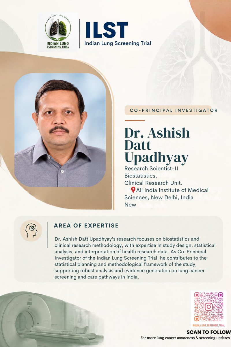 LungHealthIndia's tweet photo. 🧬 Meet Our Team | Dr. Ashish Datt Upadhyay
Co-Principal Investigator, Indian Lung Screening Trial (ILST)
Research Scientist-II, Biostatistics, 
@aiims_newdelhi  

His work shapes the statistical backbone of our trial 🧵👇
#MeetOurTeam #IndianLungScreeningTrial https://t.co/IFkqEvEa4K
