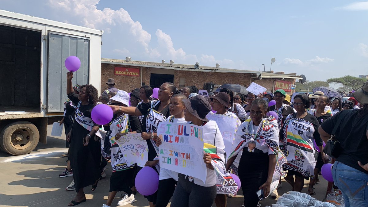 andiswaBut62099's tweet photo. IFP members march in Ulundi against gender-based violence (GBV), calling for an end to violence against women and children. Carrying purple balloons and placards, protesters delivered a message of “Enough is enough” as they raised awareness about GBV. https://t.co/hG8bFKSXq3