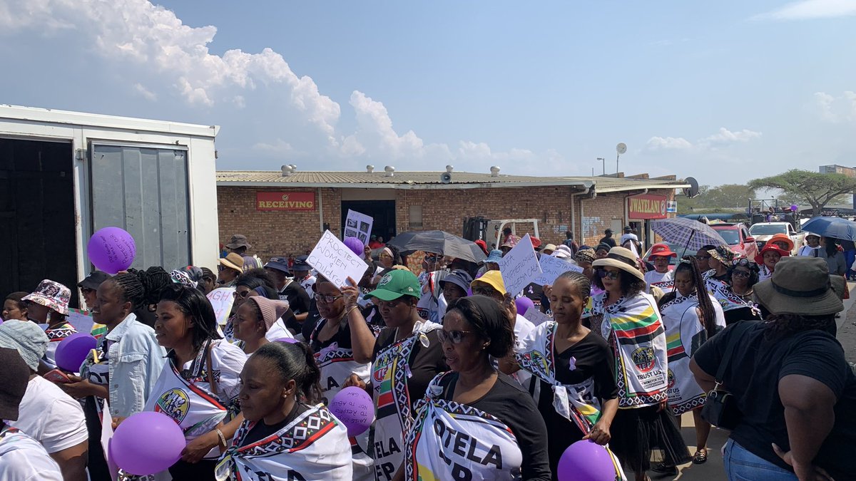 andiswaBut62099's tweet photo. IFP members march in Ulundi against gender-based violence (GBV), calling for an end to violence against women and children. Carrying purple balloons and placards, protesters delivered a message of “Enough is enough” as they raised awareness about GBV. https://t.co/hG8bFKSXq3