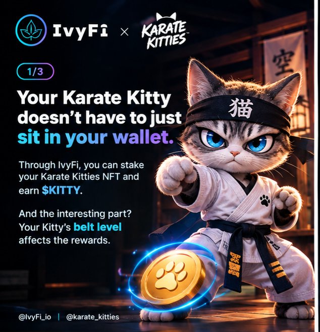 Big_Issy01's tweet photo. Your Karate Kitty doesn’t have to just sit in your wallet. 🥋😼

Through IvyFi, you can stake your Karate Kitties NFT and earn $KITTY.

And the interesting part? Your Kitty’s belt level affects the rewards. https://t.co/M38O7xEb0P