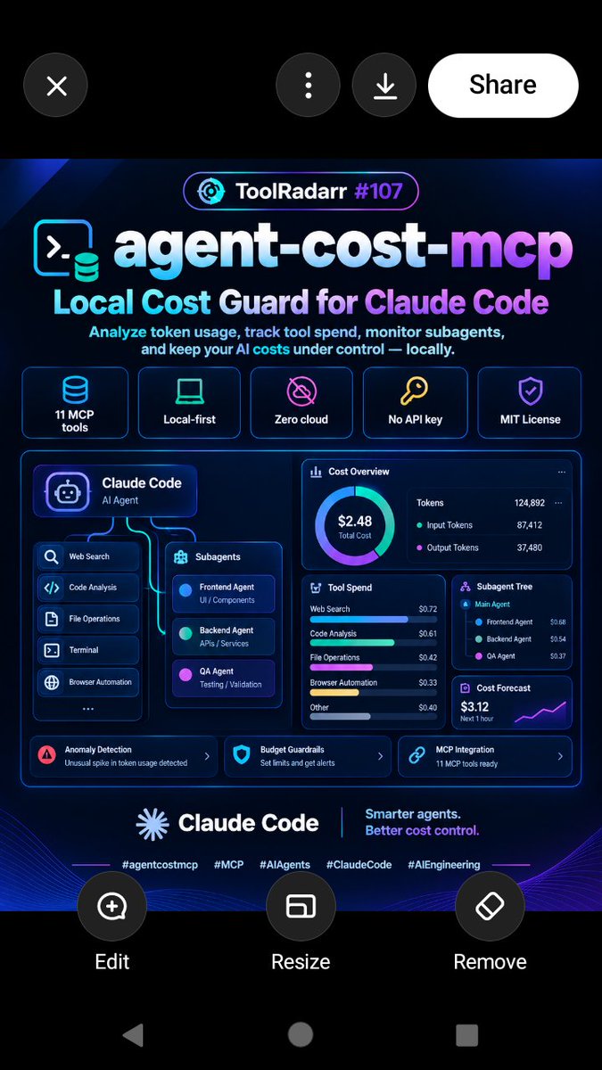Tool_radarr's tweet photo. ToolRadarr #107 🚀

agent-cost-mcp shows where your Claude Code spend actually goes:

💰 Per-tool costs
🌳 Subagent attribution
📈 Cost trends
🚨 Anomalies
🔮 Forecasts
🛡️ Budget guardrails
🔌 11 MCP tools
🔒 Local-first

MIT licensed.

#AI #AIAgents #agentcostmcp #MCP https://t.co/KoWW4XulaL