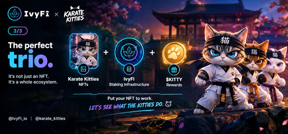 Big_Issy01's tweet photo. I like the combination:

🥋 Karate Kitties
🌿 IvyFi staking
😼 $KITTY rewards

It’s an interesting way to put your NFT to work instead of just letting it sit in your wallet.
Let’s see what the Kitties do. 👀

@IvyFi_io @karate_kitties https://t.co/PiTQo0Fkmz
