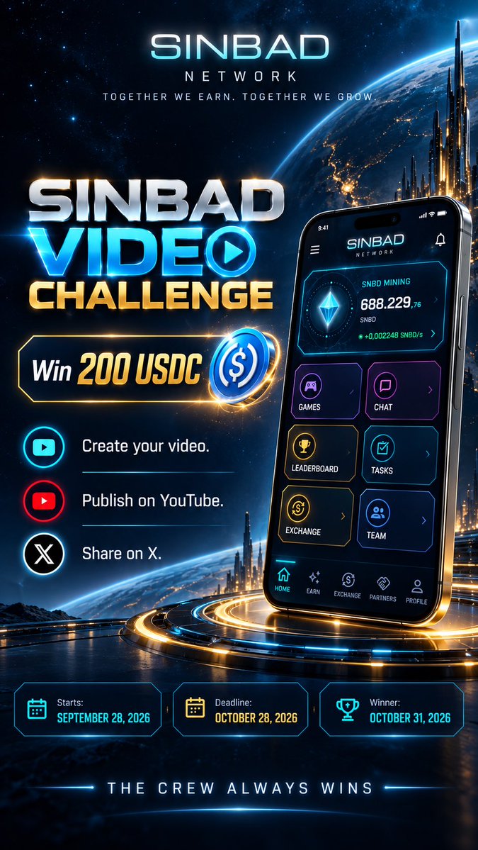 sinbadnetwork's tweet photo. SINBAD VIDEO CHALLENGE — WIN 200 USDC

The new Sinbad experience is here.

Create your own video introducing the new Sinbad Network app, publish it on YouTube, and share your experience with the community.

Show the new design.
Explore the features.
Explain how the app works.
Share your own experience.

Videos will be evaluated based on a combination of content quality, how well the app is presented, and organic views, likes, comments, engagement, and reach.

The creator of the strongest overall video will receive 200 USDC.

HOW TO PARTICIPATE

• Create an original video introducing the new Sinbad Network app and publish it publicly on YouTube.
• Include Sinbad Network in the video title or description.
• Add the official Sinbad Network website, Google Play link, and your Sinbad username or personal referral link to the video description.
• Share your YouTube video link on X and tag @sinbadnetwork.
• Participation and verification details will be announced separately.

RULES

• Each participant may submit only one video.
• The video must be original and remain publicly available throughout the challenge.
• Only genuine and organic engagement will be considered.
• Purchased views, bots, fake likes, fake comments, or any form of artificial engagement will result in disqualification.
• The authenticity of views and engagement will be reviewed before the winner is announced.

Starts: September 28, 2026
Entry Deadline: October 28, 2026 — 23:59 UTC
Winner Announcement: October 31, 2026

Selected participants who create creative, useful, and high-quality content may also receive surprise Sinbad rewards.

Your screen.
Your voice.
Your perspective.

Show the world the new Sinbad.

THE CREW ALWAYS WINS.

SINBAD NETWORK
#SinbadNetwork