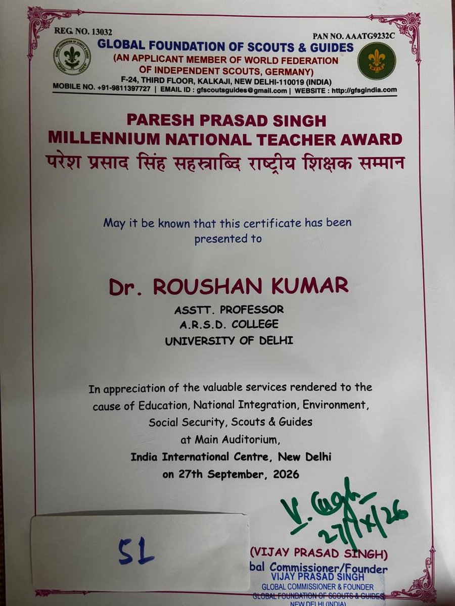arsdcollegedu's tweet photo. Heartiest congratulations to Dr. Roushan, Dept. of Computer Science, #ARSDCollege, on receiving the prestigious National Teacher Award 2026 at IIC, New Delhi! ππ
βA true testament to teaching & academic excellence! π
β#ARSDPride #UniversityOfDelhi #FacultyAchievement #DU https://t.co/bXvgcqWzrt