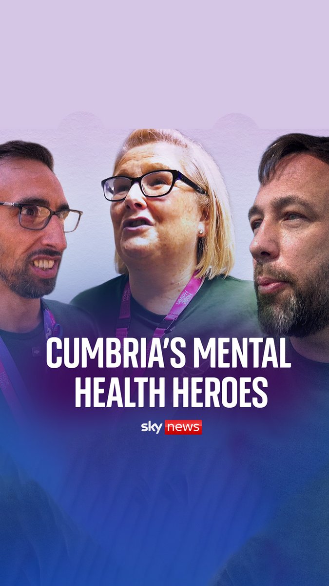 The image is a Sky News promotional graphic titled "CUMBRIA'S MENTAL HEALTH HEROES," featuring three individuals—two men and a woman wearing glasses and a lanyard—posed against a light background. The Sky News logo appears at the bottom, tying into the post's coverage of mental health challenges in Whitehaven and the local heroes working to address them.