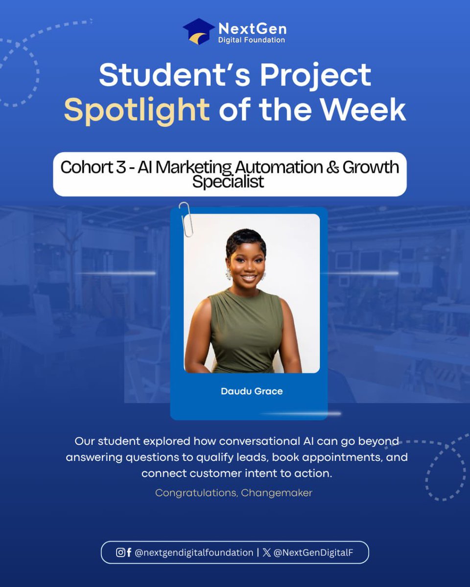 NextGenDigitalF's tweet photo. What if a chatbot could do more than answer questions? 

Cohort 3 – Group 2 AI Marketing Automation &amp; Growth Specialist student explored this through a Conversational AI Lead Qualification &amp; Booking System, connecting customer conversations to lead qualification, etc. https://t.co/UFoIxZILlA