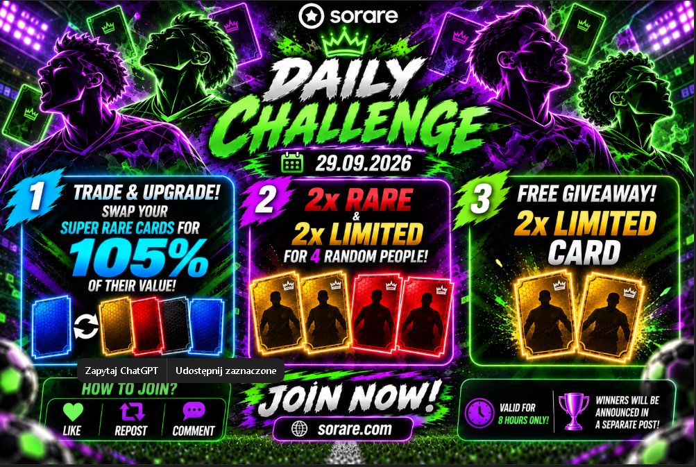 PawelTrader_'s tweet photo. 🚨 DAILY CHALLENGE IS LIVE! 🚨

🔥 TRADE & UPGRADE
Swap my Super Rare cards for 105% 💰
🏆 4 RANDOM WINNERS
🔴 2× Rare
🟡 2× Limited
🎟️ EVERY TRADE = A CHANCE TO WIN!

🎁 COMMUNITY GIVEAWAY
🟡 2× Limited Cards
❤️ LIKE
🔁 REPOST
💬 COMMENT YOUR SORARE USERNAME

⏰ 8 HOURS ONLY!
Trade. Enter. Win. 🏆
 LET THE CHALLENGE BEGIN! ⚡

#Sorare #SorareTrading #SorareCommunity #SorareGiveaway