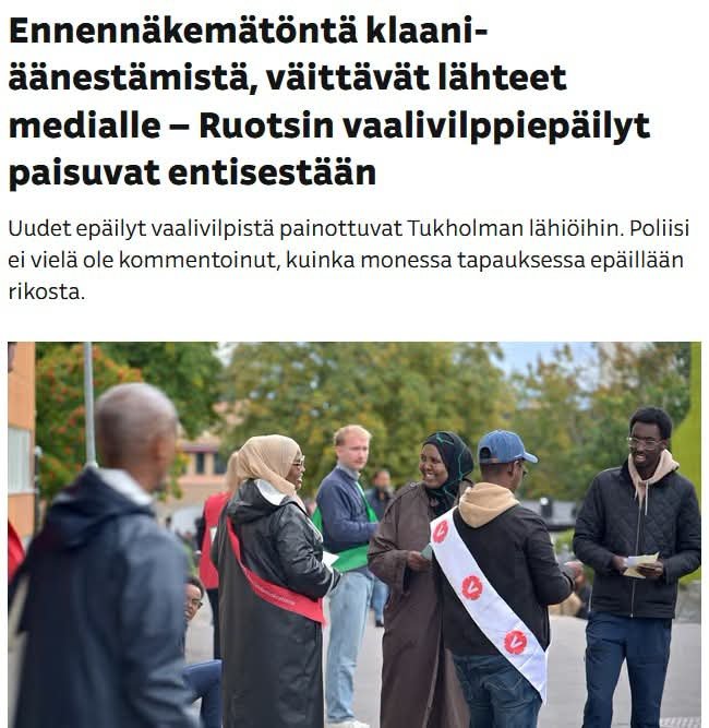 SimoGronroos's tweet photo. Kun väestö tuodaan kehitysmaista, niin myös vaalit alkavat muistuttaa kehitysmaiden vaaleja. Tuokiokuvia Ruotsin valtiopäivävaaleista: 

"Borlängen alueen ulkomaalaistaustaisille asukkaille on väitetysti maksettu rahaa, jos he äänestivät vasemmistopuolueen ehdokasta Mohamed Abdukardir Alia valtiopäivävaaleissa."

"Useammassa tapauksessa äänestäjät olivat pyytäneet virkailijoita äänestyskoppiin.

Siellä he olivat pyytäneet virkailijoilta apua esitäytettyjen kuponkien hävittämisessä, jotta he voisivat äänestää vapaasti haluamaansa puoluetta ja ehdokasta."

"Siellä yli sadan eritrealaisen naisen kerrotaan saapuneen samanaikaisesti äänestämään kahden eritrealaisen papin saattamina."

"Heistä vain harva osasi ruotsia, tai tiesi, miten äänestyspaikalla kuuluu toimia."
