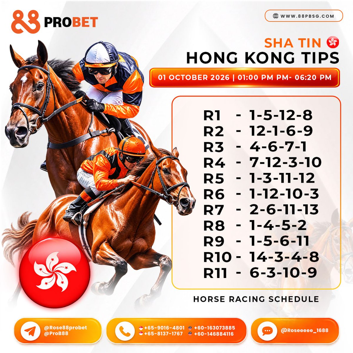 88pbupdates's tweet photo. HORSE RACING SCHEDULE & TIPS
01 October 2026 | Thursday
๐ญ๐ฐ Hong Kong Sha Tin
โถ๏ธ๐ฃ๐๐๐ฌ ๐ก๐ข๐ช! https://t.co/CzVW6W0NZz
#88prosports #88probett #ProB88 https://t.co/i0eVLfNTdX