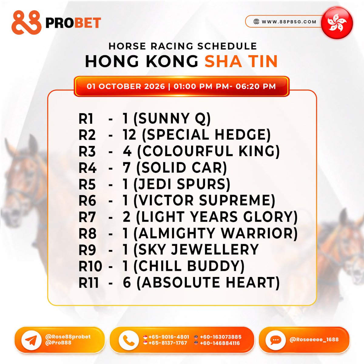 88pbupdates's tweet photo. HORSE RACING SCHEDULE & TIPS
01 October 2026 | Thursday
๐ญ๐ฐ Hong Kong Sha Tin
โถ๏ธ๐ฃ๐๐๐ฌ ๐ก๐ข๐ช! https://t.co/CzVW6W0NZz
#88prosports #88probett #ProB88 https://t.co/i0eVLfNTdX