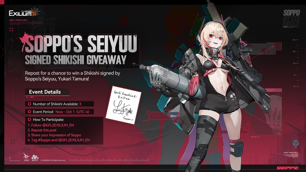 GFL2EXILIUM_EN's tweet photo. Special Giveaway | Soppo's Seiyuu Signed Shikishi 

■ Number of Shikishi Available: 3
■ Event Period: Now - Oct 1 (UTC-4)
■ How To Participate: Please refer to the image below.

>> Download on mobile and PC: https://t.co/SiNltiPpgV
#GirlsFrontline2Exilium #gfl2exilium https://t.co/rwFDV7Ucwk