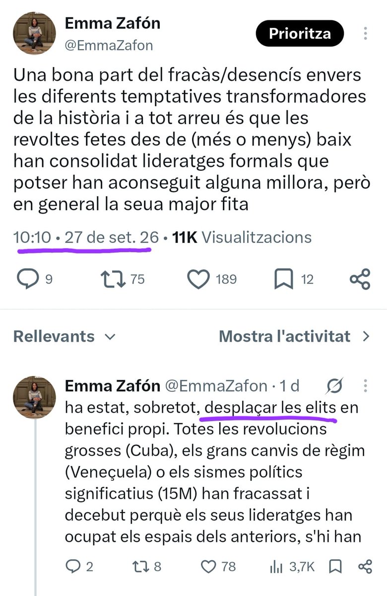 EmmaZafon's tweet photo. No voldria pecar de vanitosa però em semble molta casualitat que una persona dedicada des de fa anys a l'anàlisi política full time haja llençat per primera vegada la idea del desplaçament de les elits just una hora i pico després d'haver-la publicat jo. https://t.co/UF4SD311ck