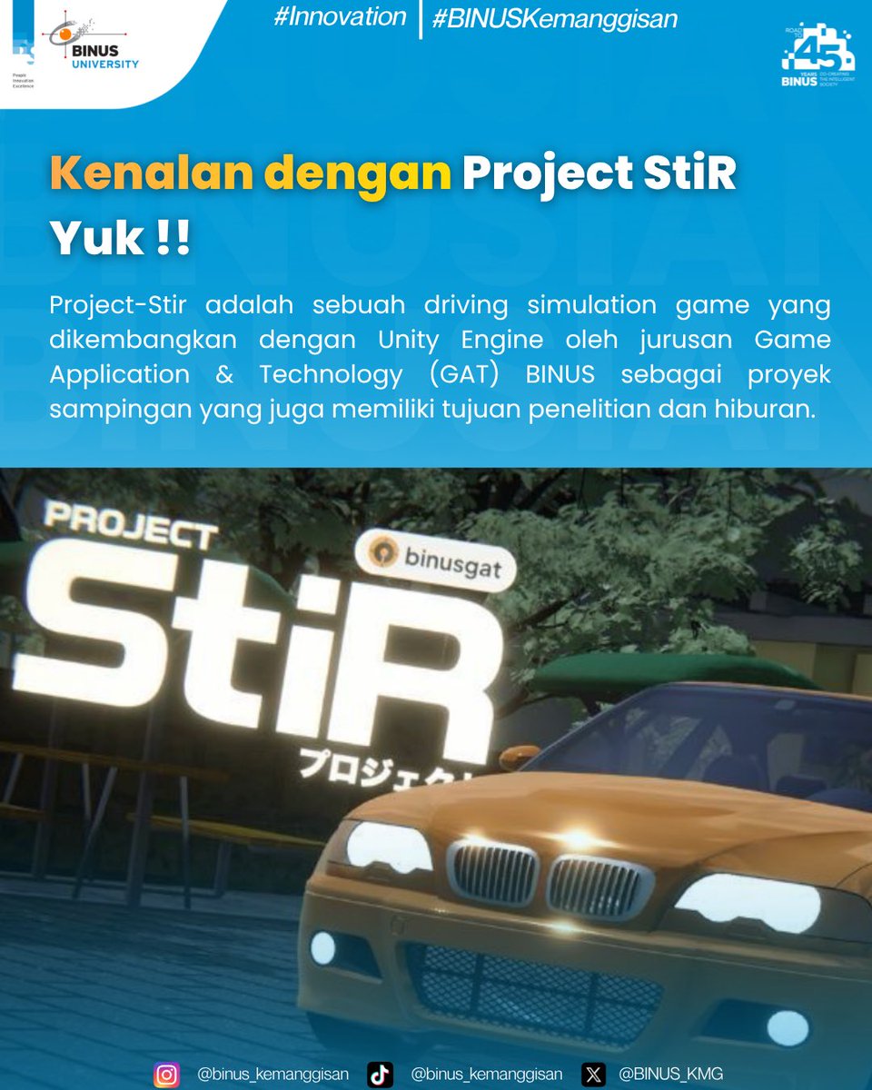 BINUS_KMG's tweet photo. Kenalan sama Project-StiR, yuk!
Project-StiR adalah driving simulation game yang dikembangkan menggunakan Unity Engine oleh jurusan Game Application & Technology (GAT) BINUS sebagai proyek yang menggabungkan unsur penelitian dan hiburan.
#BINUSKemanggisan #ProjectStiR https://t.co/SzUZ3GypMr