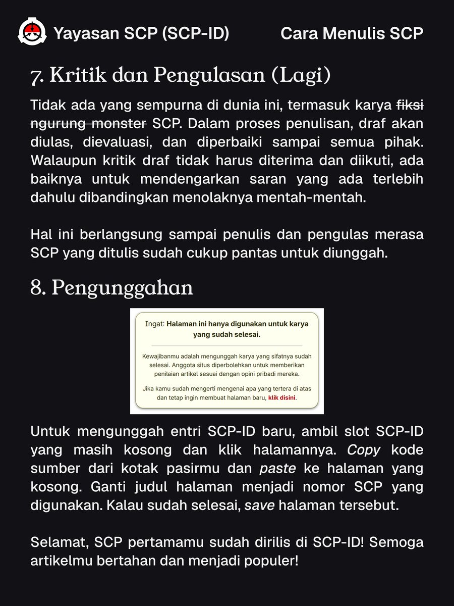 YayasanSCP's tweet photo. Catatan: 
Dilarang menggunakan AI untuk menulis ide dan draf artikel SCP! 
Dilarang menggambarkan hal yang relevan dengan politik Indonesia sejak periode Pemilu 2009 sebagai SCP di SCP-ID! 

#scp #scpfoundation #scpwiki #scpindonesia #scpindo #scpid #yayasanscp https://t.co/VqMzR0BWya