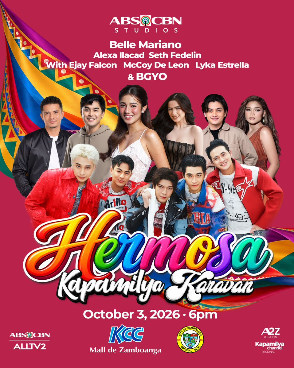 ABSCBN's tweet photo. Hola, Zamboanga!

Ay tiene ustedes oportunidad man junto con de ustedes maga favorito Kapamilya Stars este tiempo del Hermosa Festival! Ase completo el alegria junto canda Belle Mariano, Alexa Ilacad, Seth Fedelin, Ejay Falcon, McCoy De Leon, Lyka Estrella, y BGYO!

Acorda el fecha, Octubre a-tres, este Sabado ya, alas seis del noche na KCC Mall de Zamboanga! Vene ya man alegria, maga Kapamilya!

#kapamilyakaravan2026
#abscbnstudios
#abscbnregional
#hermosafestival