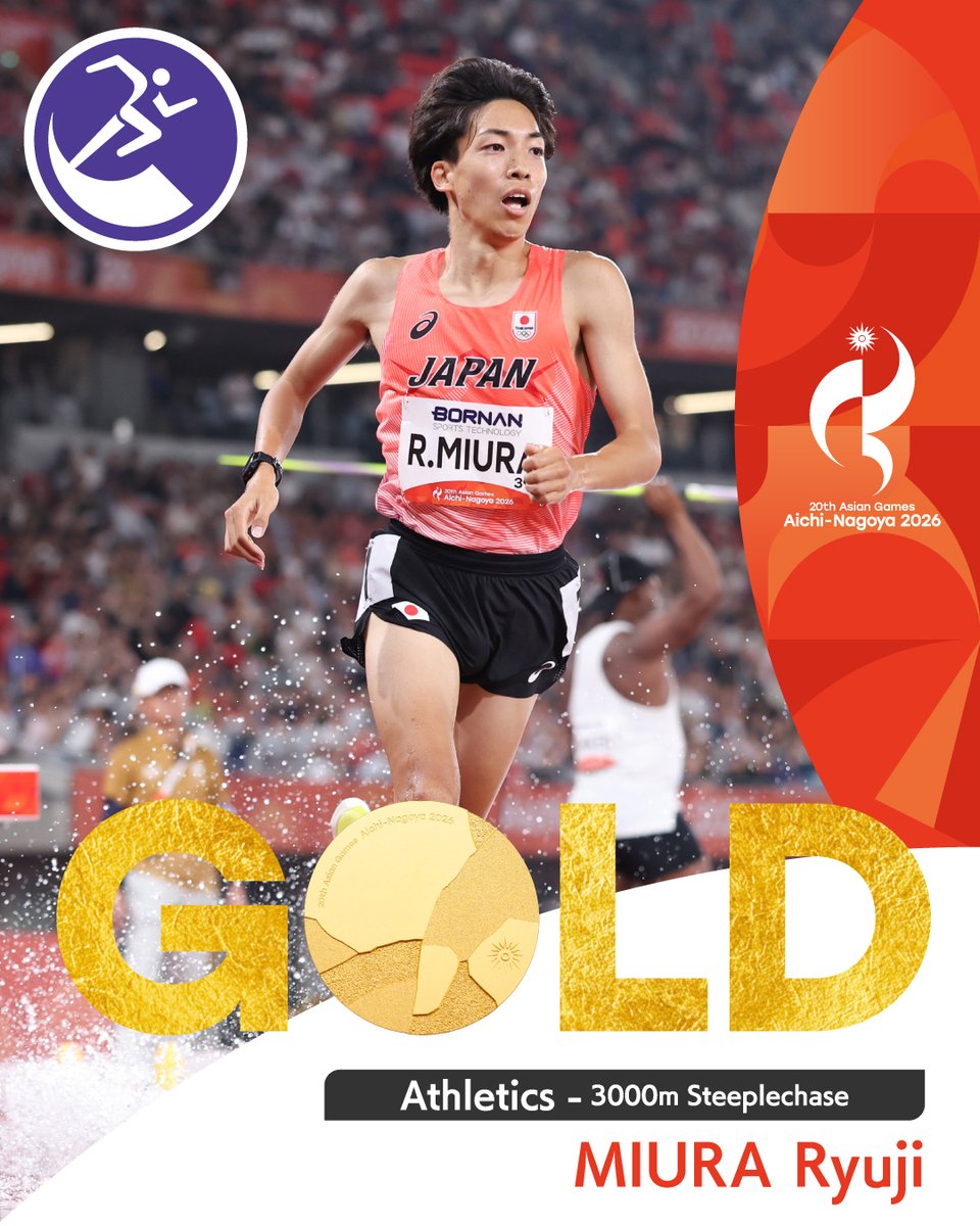 AsianGames_2026's tweet photo. ／
🥇金メダル！ ✨
＼
━━━━━━━━━━━
Athletics | Men's 3000m Steeplechase
━━━━━━━━━━━

Japan | MIURA Ryuji wins gold! 🥇✨
Congratulations🎉

#アジア競技大会 #愛知名古屋2026 https://t.co/1pJrDVjGFq