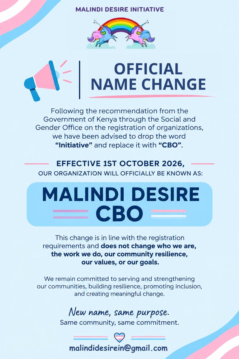 DesireMalindi's tweet photo. OFFICIAL COMMUNICATION 📢 

We are now MALINDI DESIRE CBO, formerly MALINDI DESIRE INITIATIVE.

This name change does not change who we are, our work, values, or goals. It strengthens our identity, sustainability, and resilience as a community-led organization. https://t.co/tYA1TzMkgL