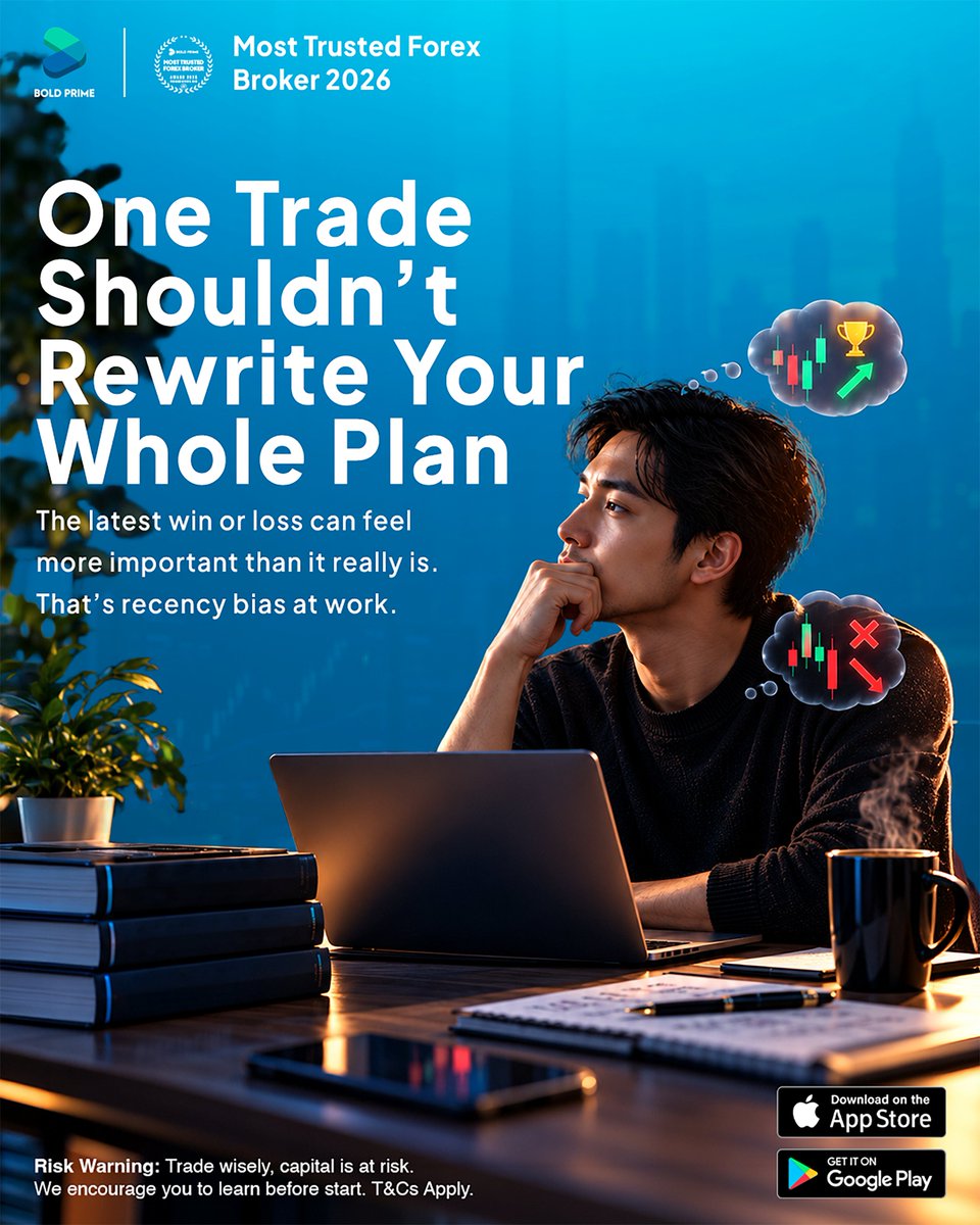 BoldPrime's tweet photo. One trade shouldn’t rewrite your whole plan.

Recent win? Confidence jumps.
Recent loss? Doubt creeps in.
That’s recency bias.

Before changing anything, review the process, not just the latest result.

Trade Smart, Trade Bold Prime
#BoldPrime #TradingPsychology #RecencyBias https://t.co/Lct9nvp001