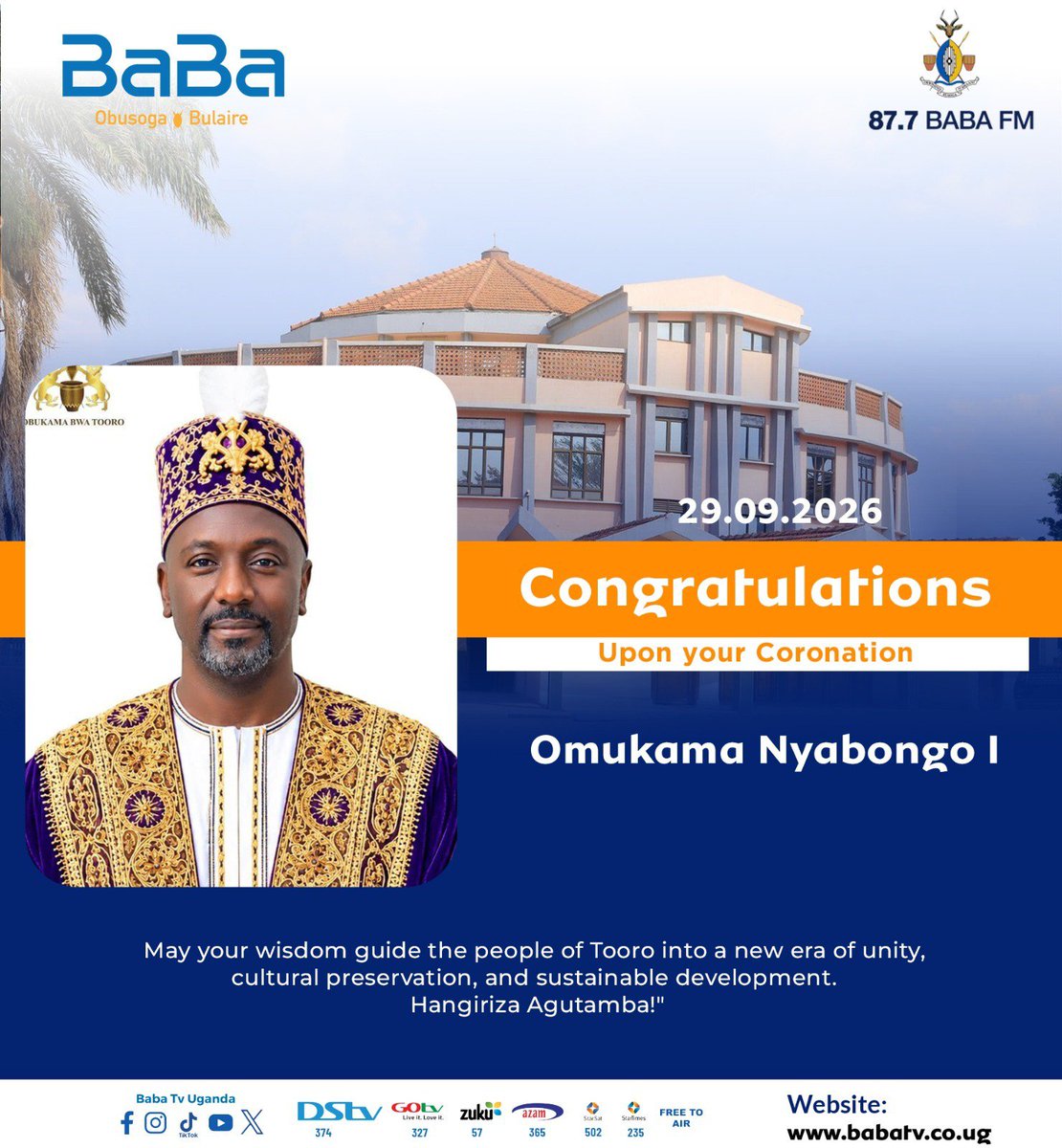 877babafm's tweet photo. Tooro Kingdom has a new King π
Hangiriza Agutamba Omukama Edward Rukidi Nyabongo I
@ObukamaBwaTooro
#Babafmupdates https://t.co/euwA8zryiO