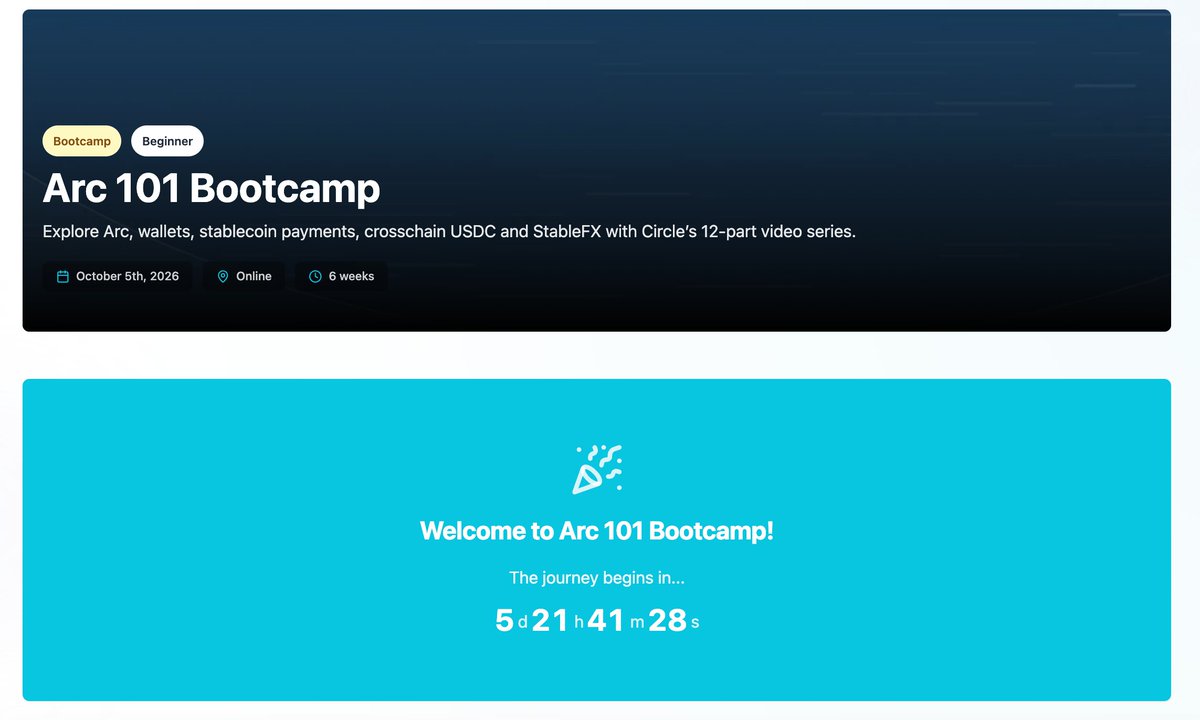 daniviecmii's tweet photo. Arc 101 Bootcamp is now underway!
@arc x @encodeclub are running a free 6 weeks bootcamp covering everything from the Arc Stack and Circle infrastructure to stablecoin payments, CCTP and StableFX.

12 sessions | Oct 5 – Nov 12
A great opportunity to learn more about Arc, understand its financial infrastructure, and explore opportunities across the ecosystem.

Register here: https://t.co/NvrWWU1zus