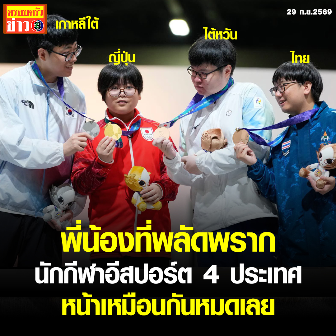 Krobkruakao3's tweet photo. พี่น้องที่พลัดพราก นักกีฬาอีสปอร์ต 4 ประเทศ หน้าเหมือนกันหมดเลย
#ข่าวช่อง3 #ครอบครัวข่าว3 #เอเชียนเกมส์ #อีสปอร์ต

ไวรัลน่ารักจากเอเชียนเกมส์ เมื่อชาวเน็ตแชร์ภาพการรับเหรียญรางวัล ของนักกีฬาอีสปอร์ต ในการแข่งขันเกม Puyo Puyo Champions ในศึกเอเชียนเกมส์ 2026 ประเทศญี่ปุ่น

โดย 4 นักกีฬาที่ได้รับเหรียญ ได้แก่
-เหรียญทอง: ยูกิ คูริฮาฮาระ (ญี่ปุ่น)
-เหรียญเงิน: คัง ดอง ชิน (เกาหลีใต้)
-เหรียญทองแดง: กู่ ซู่ อั้ง (ไต้หวัน) และ ธนรักษ์ วงษ์กิติคุณ (ไทย)

ซึ่งภาพดังกล่าวกลายเป็นที่ถูกพูดถึง เพราะทั้ง 4 คน หน้าตาคล้ายกันมาก บอกเป็นพี่น้องกันก็ยังเชื่อ แม้จะมากันคนละประเทศก็ตาม

นอกจากนี้ นักกีฬาที่ได้เหรียญทองจากญี่ปุ่น คือ ยูกิ คูริฮาฮาระ เป็นนักเรียนชั้น ป.5 อายุเพียง 11 ปี กลายเป็นเจ้าของเหรียญทองอายุน้อยที่สุดในประวัติศาสตร์เอเชียนเกมส์ อีกด้วย

สำหรับเกม Puyo Puyo Champions เป็นเกมแนว Puzzle Battle รูปแบบการเล่นคล้ายกับ Tetris วิธีเล่นคือต้องจับคู่สีเดียวกันให้ติดกันตั้งแต่ 4 เม็ดขึ้นไป เพื่อกำจัด Puyo ออกจากกระดาน และสร้างคอมโบเพื่อกดดันคู่ต่อสู้ให้ได้มากที่สุด