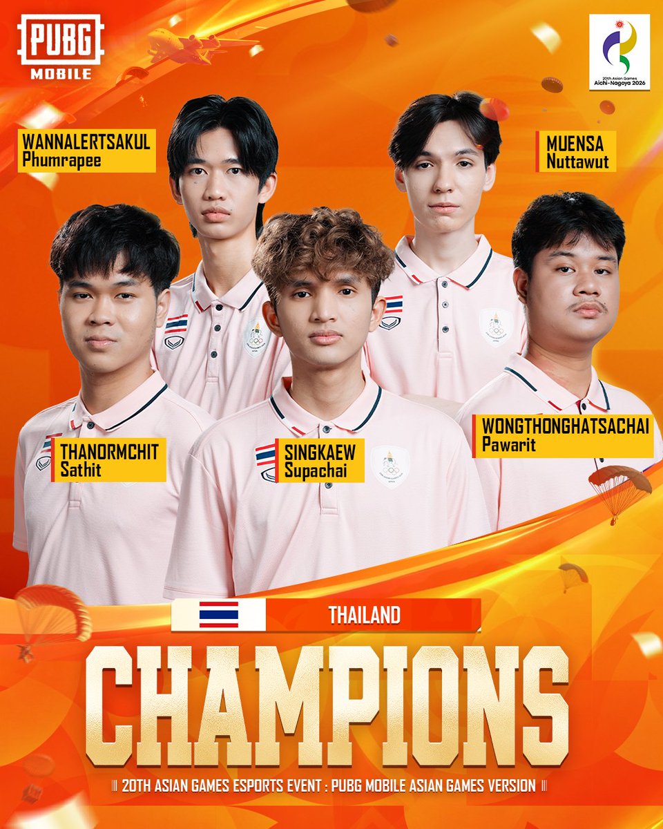 EsportsPUBGM's tweet photo. Thailand — Gold 🥇🇹🇭

Congratulations to Thailand on claiming the Gold Medal with a brilliant performance at the 20th Asian Games Esports Event: PUBG MOBILE Asian Games Version.

🎮 Download now: https://t.co/1kxkklkAJn

#AsianGames2026 #PUBGMOBILE #PUBGMESPORTS https://t.co/w2TZQQJNEh