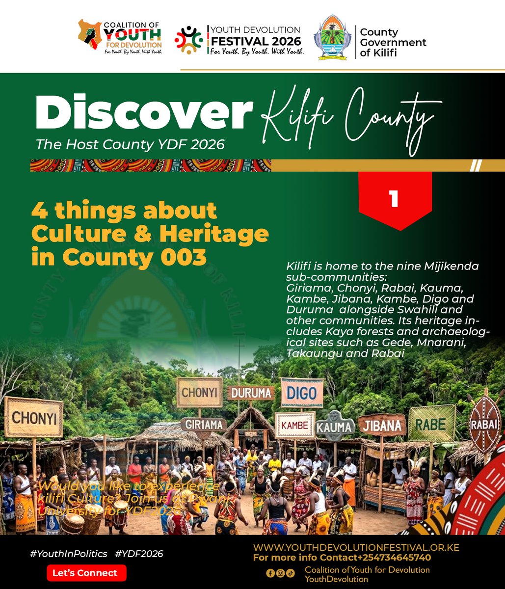 YouthDevolution's tweet photo. #Kilifi is home to rich Mijikenda heritage, represented by the nine Mijikenda communities: Giriama, Chonyi, Kauma, Kambe, Ribe, Jibana, Rabai, Duruma and Digo. 
Their cultural practices form an important part of Kilifi identity.
Join us for YDF2026 and experience kilifi culture https://t.co/KyCl1SBCve