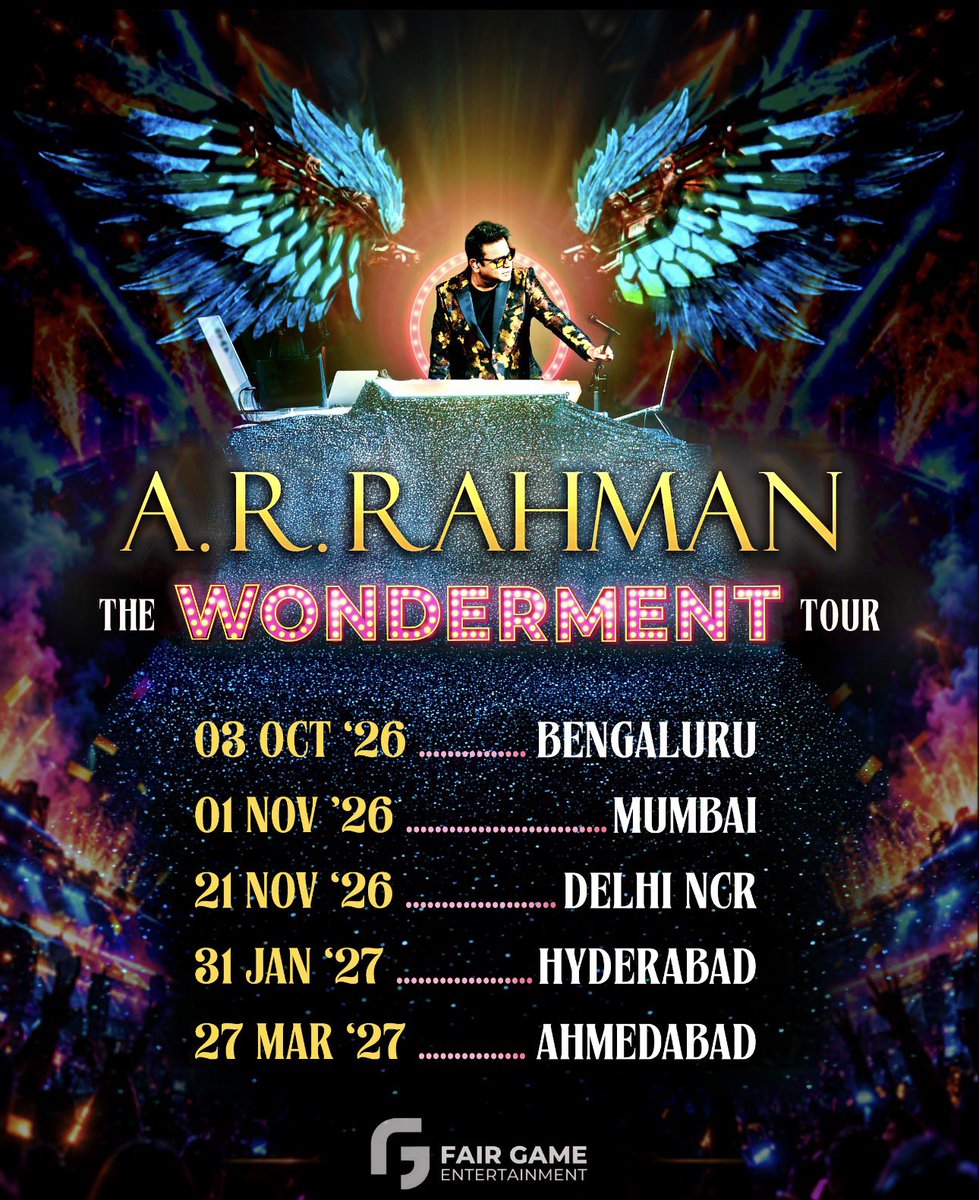 arrahman's tweet photo. Five cities. One journey. The Wonderment continues. 

Looking forward to sharing the stage, the music and many special moments with you across Bengaluru, Mumbai, Delhi NCR, Hyderabad and Ahmedabad.

See you soon 🫶 #EPI 

03 Oct ’26 — Bengaluru
01 Nov ’26 — Mumbai
21 Nov ’26 — Delhi NCR
31 Jan ’27 — Hyderabad
27 Mar ’27 — Ahmedabad

Tickets are live for Delhi and Mumbai on District.
Tickets are live for Bengaluru and Ahmedabad on BookMyShow.
Tickets for Hyderabad on BookMyShow are coming soon.

#ARRLive #TheWondermentTour #WondermentTour #Fairgame