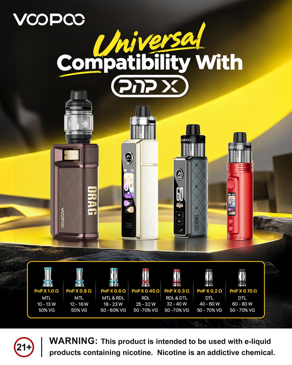 VOOPOO_OFFICIAL's tweet photo. ONE PLATFORM. MORE POSSIBILITIES. โก
From 0.15ฮฉ to 1.0ฮฉ, the PnP X platform gives you more options to match different vaping preferences.
And the best part?
Universal compatibility with PnP X. ๐ฅ
Which one is your match? ๐
#VOOPOO #VOOPOODRAG #DRAG #PnPX https://t.co/6mrmrSdnG3