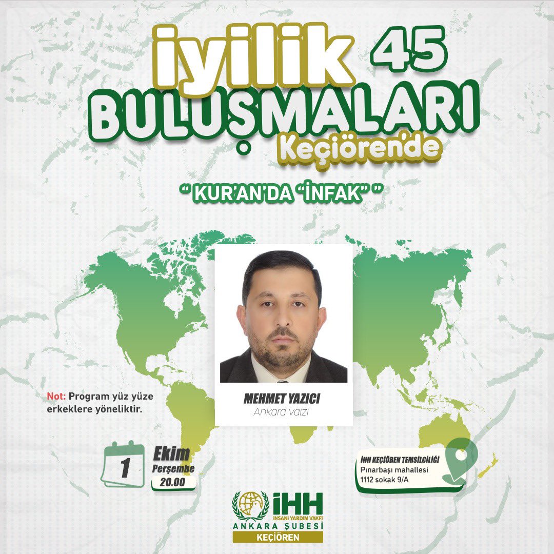 Nail104150's tweet photo. İyilik Buluşmalarımızda bu hafta;
Ankara Vaizi Mehmet Yazıcı Kur’an’da “İnfak” konulu konferansı ile bizimle olacak. 
Tüm gönüllülerimiz davetlidir. 

Gelin, İyilikte Buluşalım! https://t.co/2JFl51aODb