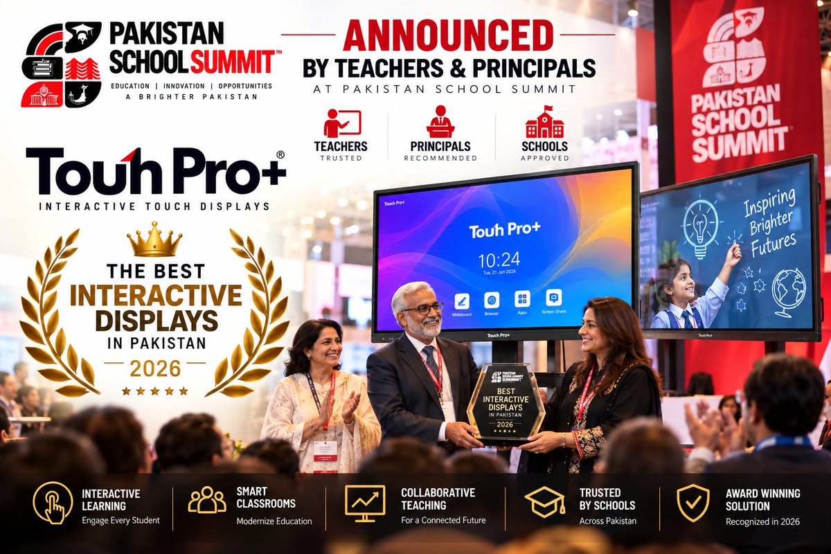 SchoolSummitPK's tweet photo. 🏆 Recognised as the "Best Interactive Displays in Pakistan 2026"! 🏆

At the Pakistan School Summit 2026, Touch Pro+ Interactive Touch Displays earned top honours from teachers and principals for redefining interactive learning and smart classrooms across the country.

More than just a digital screen, Touch Pro+ creates a truly collaborative ecosystem bringing together Teachers, Students, Content, and Technology. This recognition from frontline educators is incredibly meaningful—it validates our mission to deliver easy-to-use, engaging, and innovative tools that genuinely improve the classroom experience.

A proud moment for Pakistan’s EdTech ecosystem! Here’s to continuing our commitment to modernising education and building the classrooms of tomorrow. 🚀🏫

#TouchProPlus #PakistanSchoolSummit #EdTech #SmartClassrooms #InteractiveDisplays #DigitalLearning #FutureOfEducation #PakistanEducation #EducationInnovation