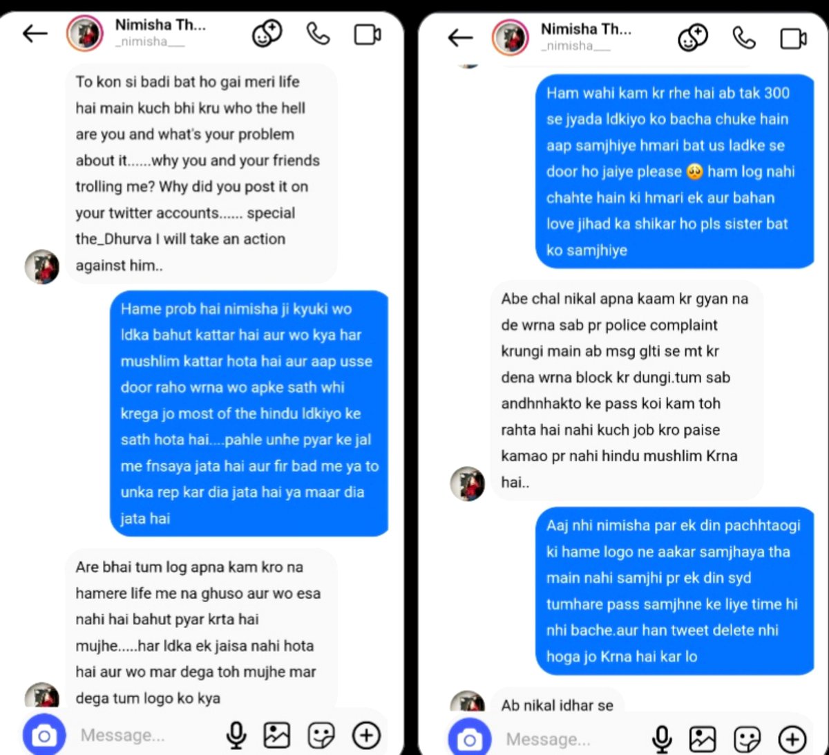 crazzy563's tweet photo. This is the conversation between Nimisha and the Hindu team that warned her two years ago to stay away from him. She called us “Sanghi Andhbhakts” and even threatened a police complaint. Today, the consequences are before everyone’s eyes. 😂 https://t.co/duYbD8vl5T