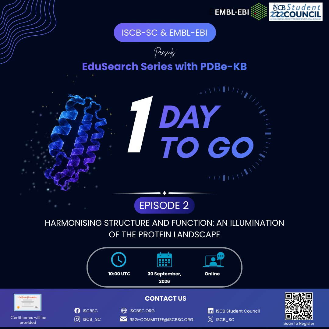 iscbsc's tweet photo. "���� 𝐓𝐎𝐌𝐎𝐑𝐑𝐎𝐖 𝐈𝐒 𝐓𝐇𝐄 𝐃𝐀𝐘! 𝐓𝐇𝐄 𝐖𝐀𝐈𝐓 𝐈𝐒 𝐀𝐋𝐌𝐎𝐒𝐓 𝐎𝐕𝐄𝐑! ⏳🧬

The EduSearch Series with PDBe-KB continues, and RSG Pakistan takes the lead in hosting Episode 2 tomorrow!

Everything is locked in for an incredible session on ""Harmonising Structure and Function: An Illumination of the Protein Landscape"" with our distinguished guest speaker, Dr. Maxim Tsenkov from EMBL-EBI.

If your registration form isn't submitted yet, consider this your absolute final wake-up call before we go live!

📅 Date: Tomorrow, September 30, 2026
💻 Format: Online via Zoom | 📜 Certificate of Completion

⏰ Global Time Zones (Synchronized):
• 10:00 UTC
• 🇵🇰 PKT (Pakistan): 3:00 PM | 🇮🇳 IST (India): 3:30 PM
• 🇧🇩 BST (Bangladesh): 4:00 PM
• 🇹🇷 TRT (Turkey): 1:00 PM
• 🇳🇬 WAT (Nigeria): 11:00 AM
• 🇰🇷 KST (South Korea): 7:00 PM

Test your Zoom links, clear your schedule, and get ready for a world-class deep dive into structural databases!

🔗 LAST CHANCE TO REGISTER:
https://t.co/SyAgujEgMC

Drop a 🔥 below if you're ready for tomorrow!"

@rsg_pak @ISCB_RSG_India @RSG_nigeria @ban
