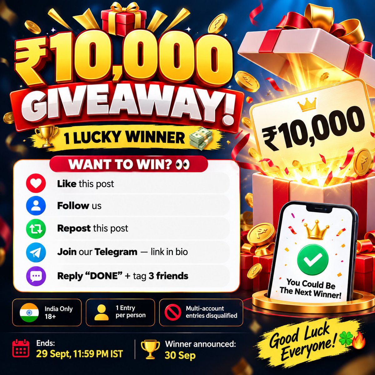 liveloot_deals's tweet photo. 🎁 ₹10,000 GIVEAWAY! 🎁
🏆 1 LUCKY WINNER 💸
Want to win ₹10,000? 👀
❤️ Like this post
👤 Follow us
🔁 Repost this post
📲 Join our Telegram — Link in Bio
💬 Reply “DONE” + tag 3 friends
🇮🇳 India only • 18+
👤 1 entry/person
🚫 Multi-account entries disqualified
⏰ Ends: 29 Sept, 11:59 PM IST
🏆 Winner announced: 30 Sept
🍀 Good luck everyone! 🔥