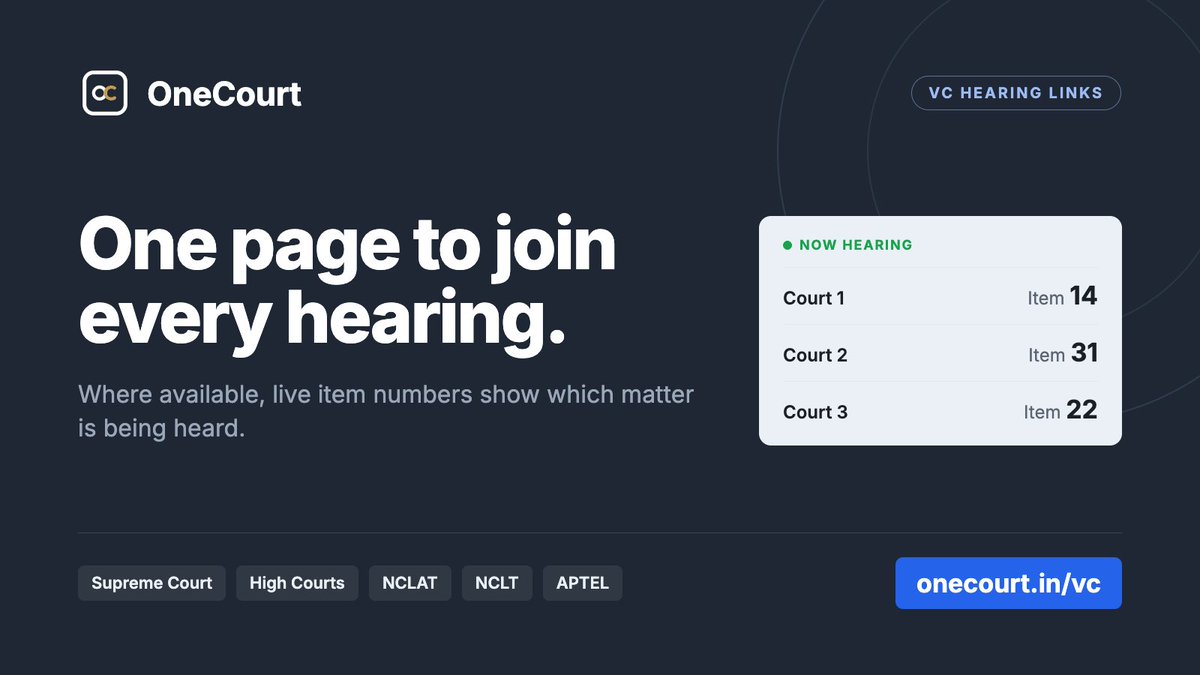 OneCourtin's tweet photo. VC Hearing Links

One page to join virtual hearings in the Supreme Court, Several High Courts, NCLAT, NCLT and APTEL.  Where available, live item numbers show which matter is being heard.

https://t.co/AAYVdxTOxQ https://t.co/S4JK4rmyPB