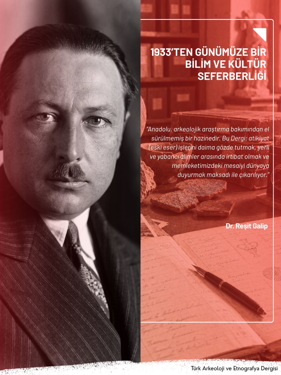 taedergisi's tweet photo. 1933’ten Günümüze Bir Bilim ve Kültür Seferberliği 🏛️📜

Cumhuriyetimizin ilanından sonra Anadolu’nun binlerce yıllık tarihî hazinelerini gün yüzüne çıkarmak, bilimsel yöntemlerle korumak ve kayıt altına almak en öncelikli millî görevlerden biri hâline geldi. Bu eşsiz mirasımızı dünyaya duyurmak amacıyla 1933 yılında önemli bir adım atılarak dergimizin ilk sayısı yayımlandı.

Dergimizin 1. sayısında, dönemin Maarif Vekili Dr. Reşit Galip bu tarihî adımı ve dergimizin çıkış amacını özetle şu sözlerle vurgulamıştı:
“Anadolu, arkeolojik araştırma bakımından el sürülmemiş bir hazinedir. Bu Dergi; atikiyat (eski eser) işlerini daima gözde tutmak, yerli ve yabancı âlimler arasında irtibat olmak ve memleketimizdeki mesaiyi dünyaya duyurmak maksadı ile çıkarılıyor.”

Gazi Mustafa Kemal Atatürk’ün köklü müzecilik ve arkeoloji vizyonundan mülhemle yola çıkan dergimiz; bugün de aynı ilmî titizlik, açık erişim politikası ve uluslararası standartlarıyla geçmiş ile gelecek arasında köprü kurmaya devam ediyor.
Köklü geçmişimizden aldığımız ilhamla, Anadolu’nun kültür mirasını bilimsel yayıncılık ilkesiyle dünyaya tanıtmayı ve yarınlara taşımayı sürdürüyoruz. ✨

Tarihimize ışık tutan 1933 tarihli ilk sayımızı ve zengin arşivimizi incelemek için profilimizdeki bağlantıyı ziyaret edebilirsiniz. 👇

🔗 https://t.co/kJu8vg3WPu

#TürkArkeolojiDergisi #ReşitGalip #Atatürk #Arkeoloji #Etnografya