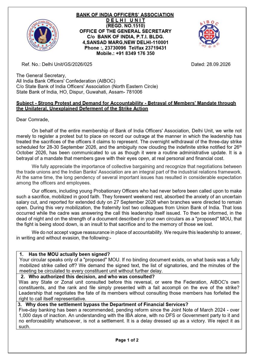 BOIOA_DELHIUNIT's tweet photo. Strongly condemn the overnight deferment of the 28–30 Sept bank strike on the basis of a mere "proposed" MOU! 

BOIOA Delhi Unit demands full accountability, transparent timelines for 5-day banking, and justice for our lost colleagues. Member sacrifice cannot be sidelined. https://t.co/RlZMxljYQO