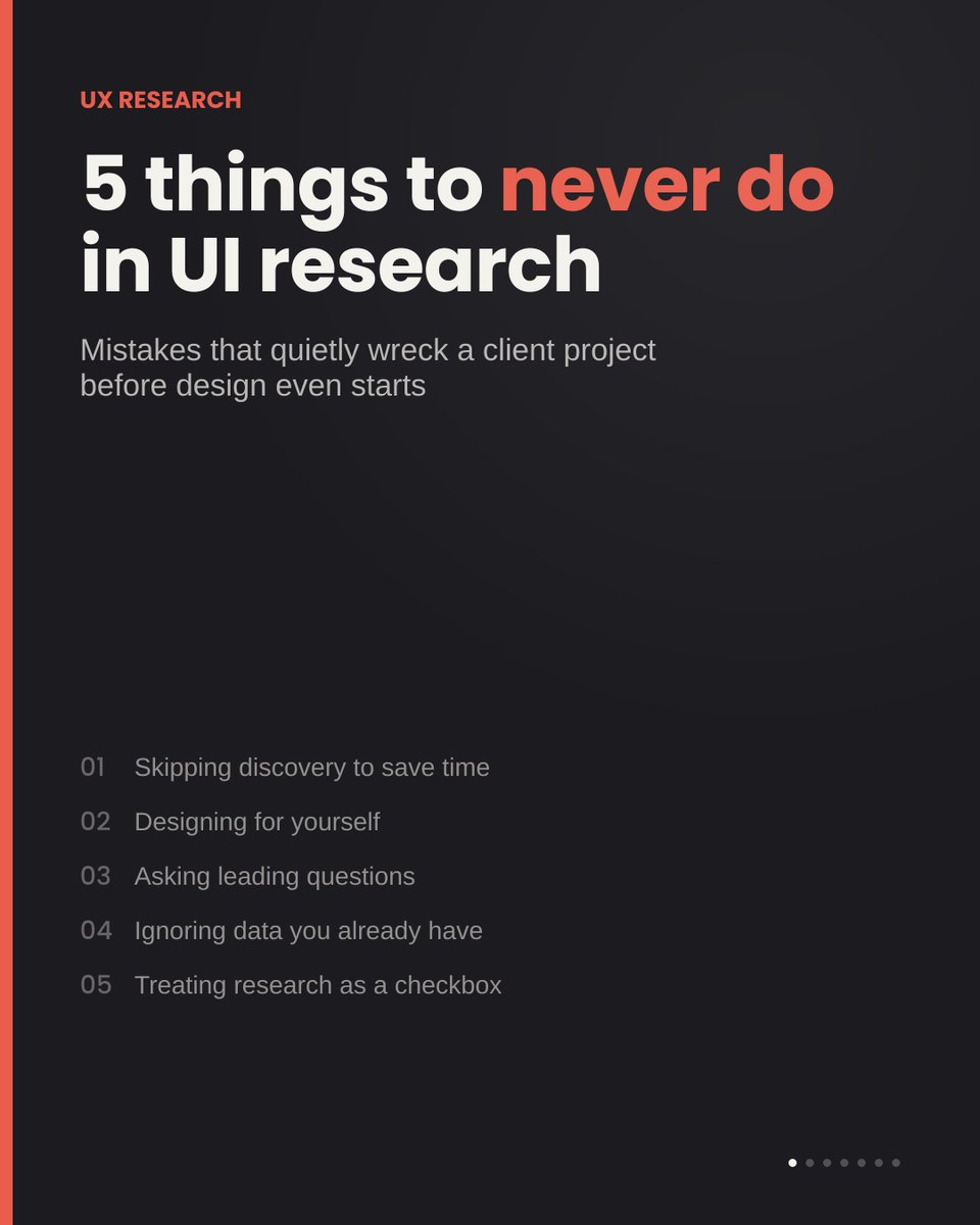 Patrick11235770's tweet photo. 5 things I never do when researching for a client project (and what to do instead). Most UI problems start way before the first wireframe. 🧵
 #UXResearch #UIDesign #ProductDesign https://t.co/dvDGm8pPMa