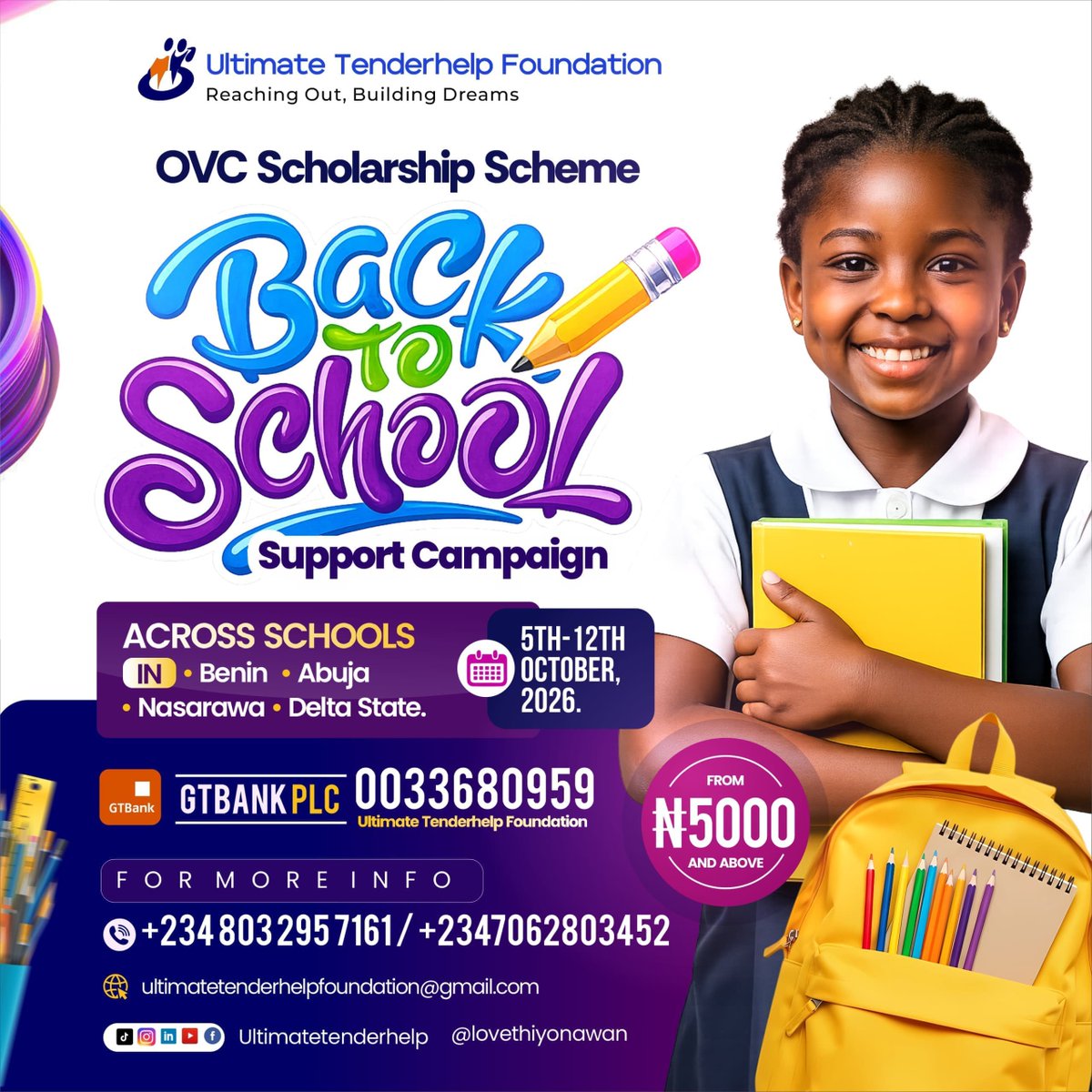 tenderhelp2's tweet photo. *2026 OVC SCHOLARSHIP SCHEME/BACK TO SCHOOL PROGRAM*
PARTNER with us @ultimatetenderhelp as we again, give scholarship and learning materials to orphans and vulnerable children across rural schools in Edo State/Abuja/Nasarawa/Delta State(s) and some others. https://t.co/F7yRDmhsUT