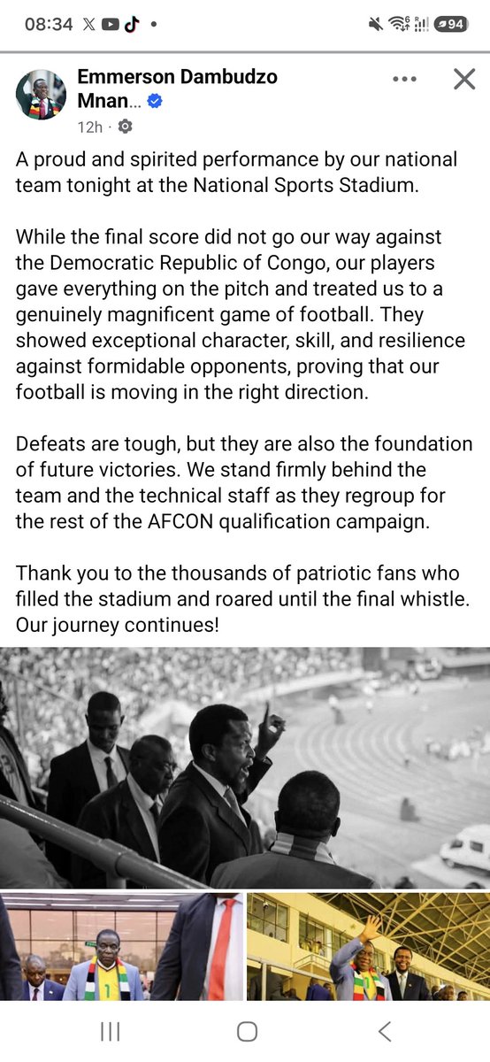 BrandZim263's tweet photo. The road to victory is never always smooth. There will be setbacks along the way, but what matters is how we respond. The Warriors gave their all tonight, and now it is time to regroup and fight for the next result. 🇿🇼🇿🇼⚽ https://t.co/JXVk7P1QiJ