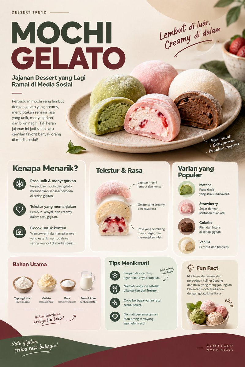 doremiabsurb's tweet photo. MOCHI + GELATO = KOMBINASI YANG BIKIN PENASARAN!
Bayangin mochi yang lembut dan kenyal, lalu di dalamnya ada gelato yang creamy, dingin, dan penuh rasa. 🤤

🍵 Matcha
🍓 Strawberry
🍫 Cokelat
🍦 Vanilla
Kalau kamu dikasih satu kesempatan buat coba, kamu pilih rasa yang mana https://t.co/IQnWtsXRrn